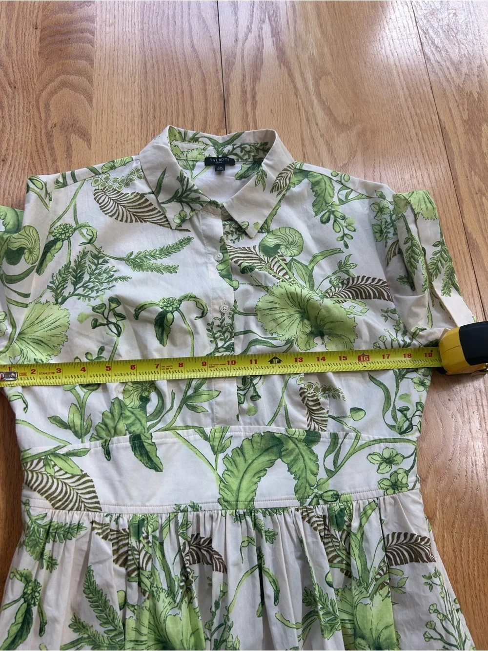 Talbots Modern Poplin Smocked Midi Shirt Dress 12P Branching Floral Green Cotton